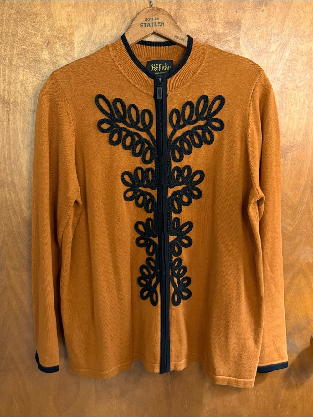 Bob Mackie Vintage 90s Tan Brown Embroidered Zip Up Cardigan Sweater Artsy Boho